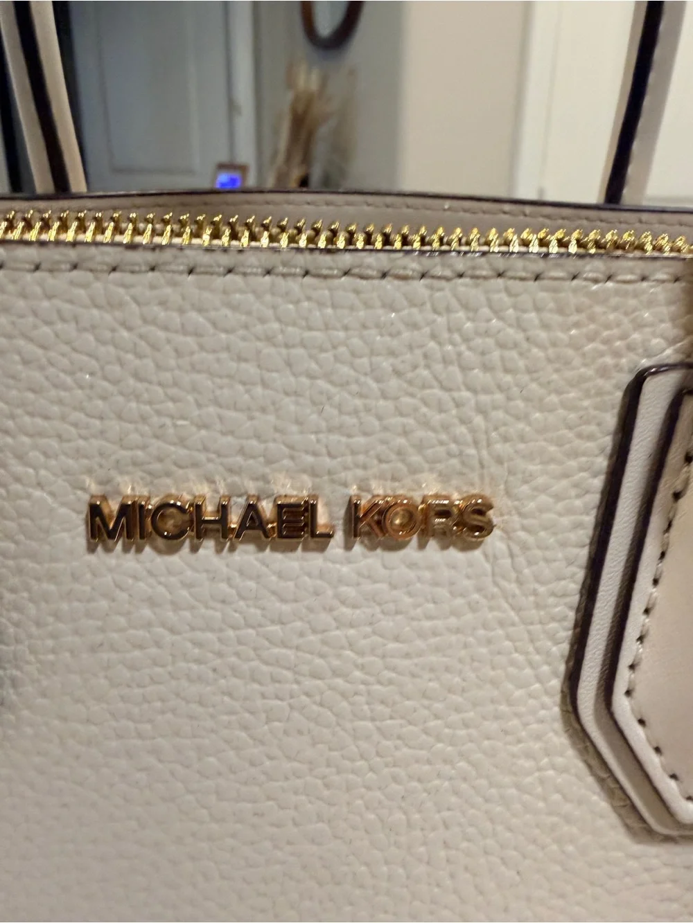 Michael Kors Mercer Small Cream Pebbled Leather Satchel Handbag Gold Hardware